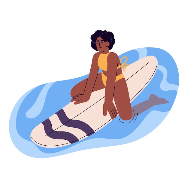 海水でサーフボードにリラックスして座っている若い女性 夏休み休暇にボード上で泳いでいるサーファー サーフィン スポーツ活動をしている女の子白い背景で隔離のフラット ベクトル図
