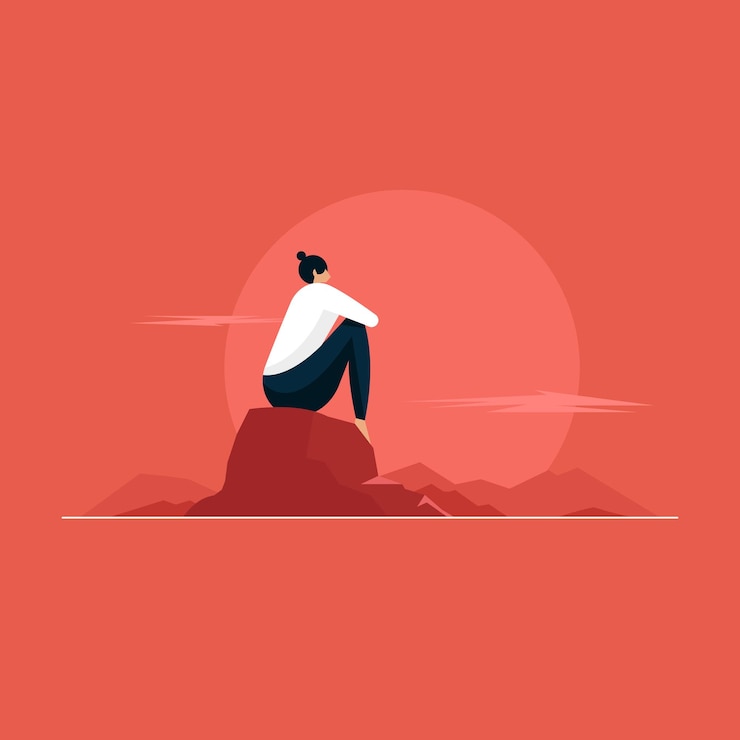 Vector young woman sitting on the rocks and enjoying the view at mountain peak