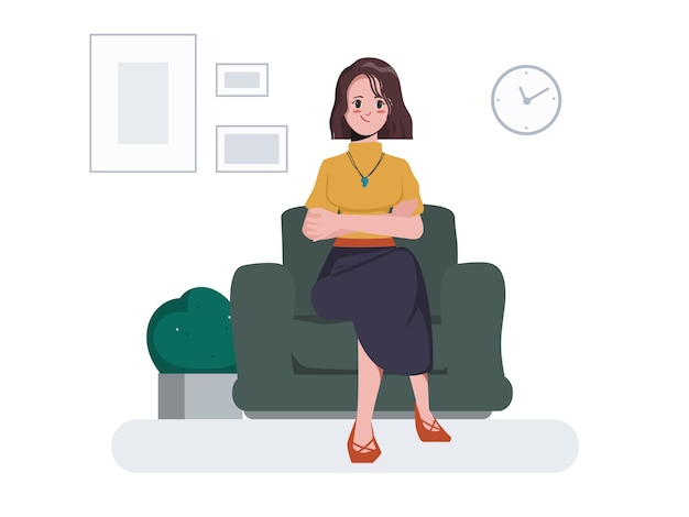 Young woman sitting at sofa character. Flat cartoon design.