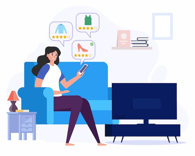 Vector young woman sitting on the sofa and ordering products to avoid queues concept of online shopping