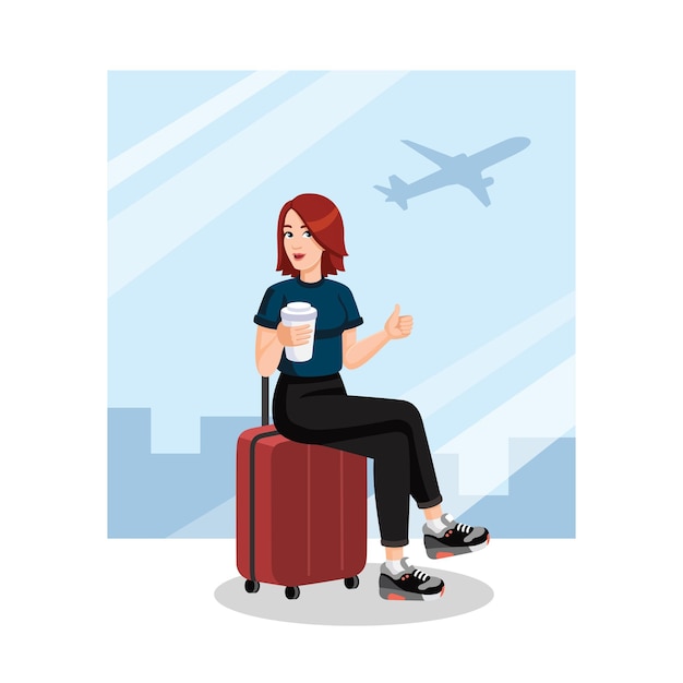 Vettore giovane donna seduta su una valigia e che mostra i pollici in alto all'aeroporto illustrazione vettoriale