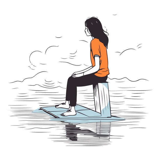 Vector young woman sitting on a surfboard in the sea