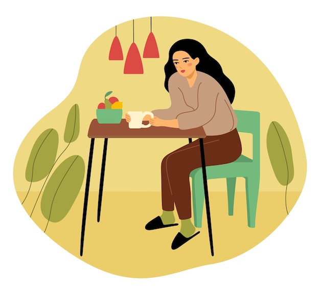 Vettore giovane donna seduta al tavolo e tenendo una tazza di caffè. donna rilassante, agghiacciante a casa confortevole