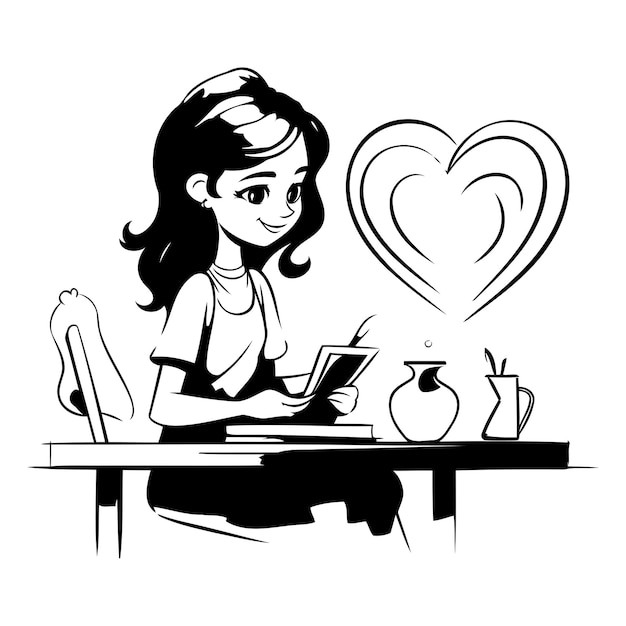 Giovane donna seduta al tavolo e leggendo un'illustrazione vettoriale di un libro