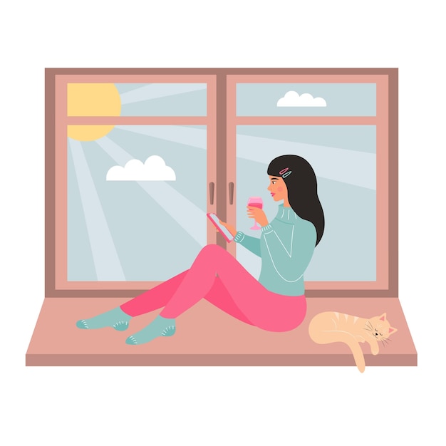 Vettore giovane donna seduta sulla finestra con un bicchiere di vino e utilizza lo smartphone simpatico gatto che dorme