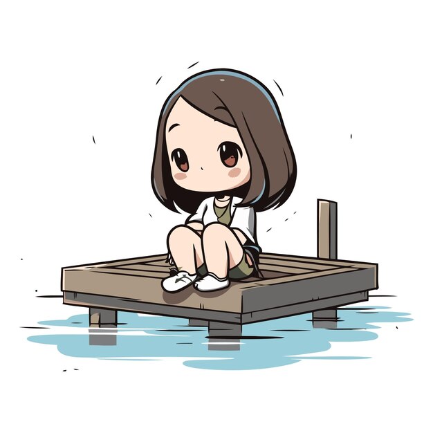 Giovane donna seduta su un molo di legno illustrazione di personaggi di cartoni animati vettoriali
