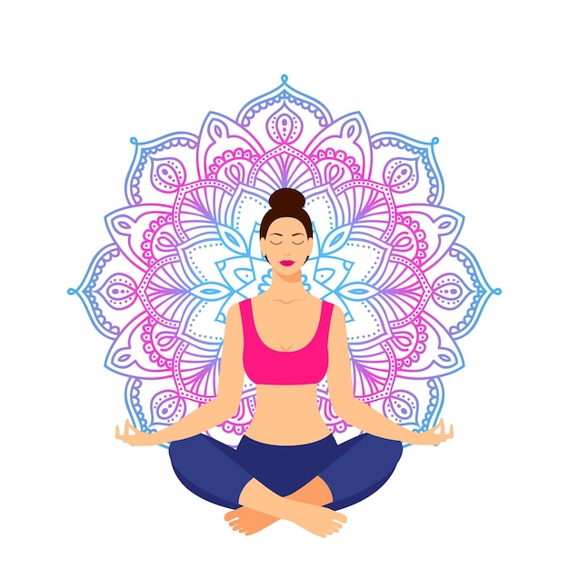 Vector young woman sitting in yoga lotus pose against the background of the circular ornament