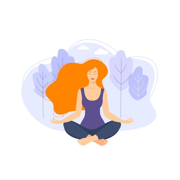 Young woman sitting in yoga lotus pose meditating girl illustration yoga woman meditation