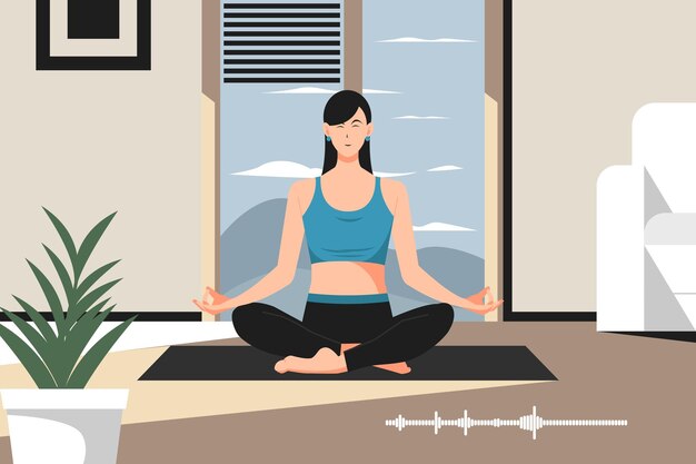 Vector young woman sitting in yoga and meditating practicing yoga at home happy woman meditates