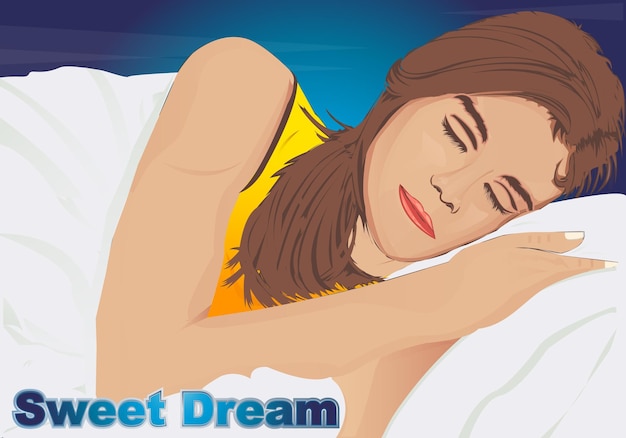 Vector young woman sleeping on bed vector illustration