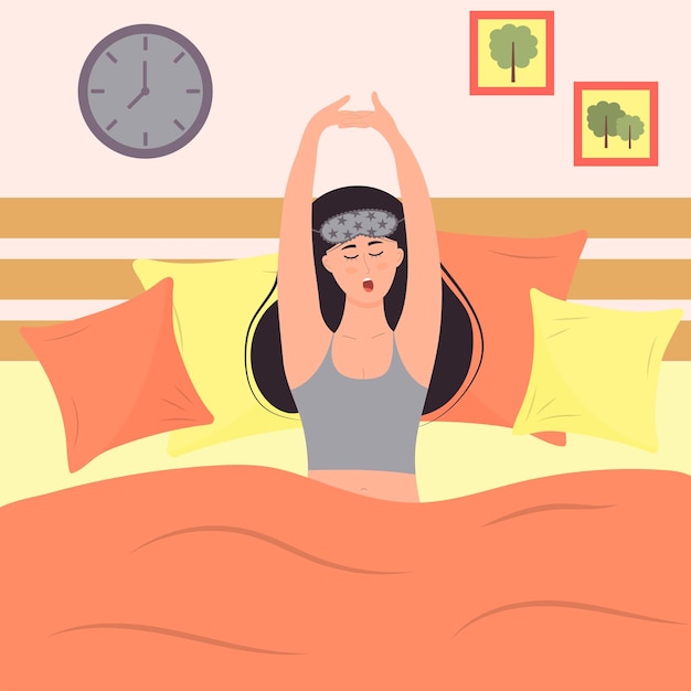 Vector young woman in sleeping mask is waking up and yawning girl is sittting in the bed with pillows