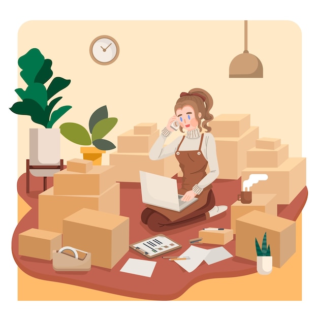 Young woman small business owner talking with customer selling online at home concept illustration