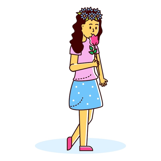 Молодая женщина, пахнущая розой с удовольствием, носящая юбку и цветочную корону, спокойная дама наслаждается свежими цветами, запахом весны и женственности, концепцией векторной иллюстрации.