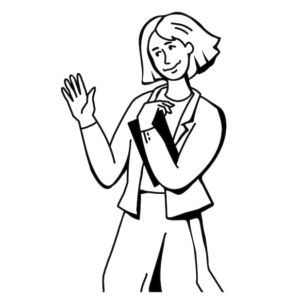 Young woman smiling waving hand in greeting gesture line art or sketch vector isolated