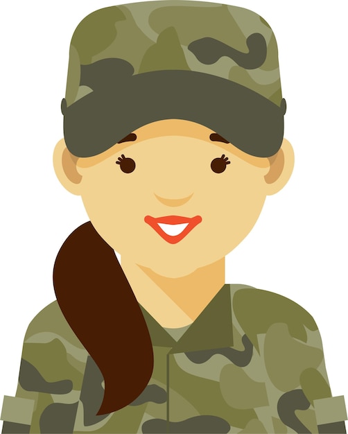 Vector young woman soldier in camouflage military uniform and helmet icon avatar portrait face