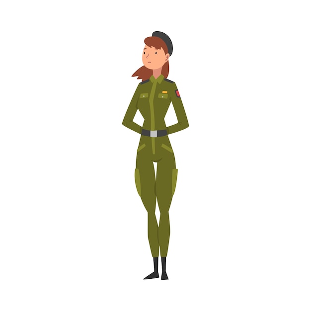 Young Woman Soldier or Officer in Combat Uniform and Black Cap Professional Military Female Character Vector Illustration