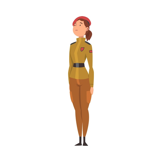 Young Woman Soldier or Officer in Khaki Uniform Professional Military Female Character Vector Illustration