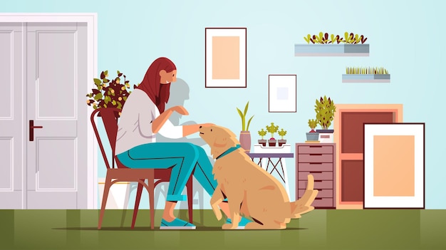 Молодая женщина, проводящая время с собакой-владельцем и милым домашним животным, дружба с домашним животным, интерьер гостиной, горизонтальная полная длина, векторная иллюстрация