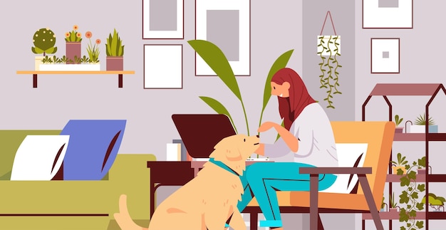 Young woman spending time with dog female owner and cute domestic animal friendship with pet concept living room interior horizontal full length vector illustration