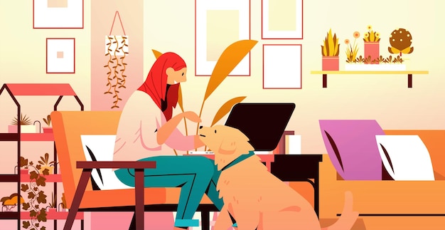 Young woman spending time with dog female owner and cute domestic animal friendship with pet concept