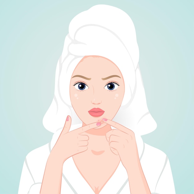 若い女性が指を絞って顔のニキビを取り除きますスキンケアきれいな肌と美しさ