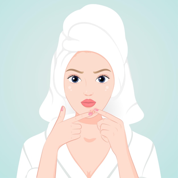 Vector young woman squeezing her fingers to remove acne on her face skincare clean skin and beauty