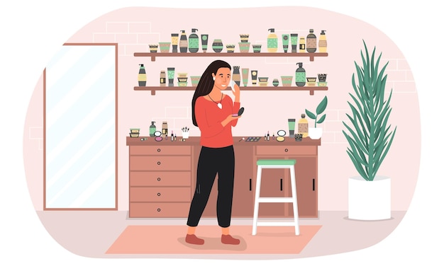 Vector young woman standing applying makeup in front of a cabinet full of cosmetics colored vector