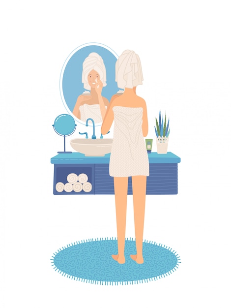 Vector young woman standing in bathroom and looking at her reflection in mirror