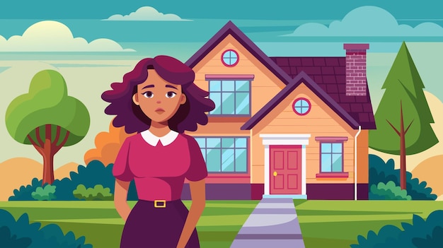 Vector young woman standing in front of cozy suburban home at dusk