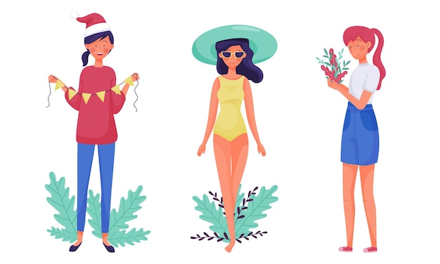 Young woman standing holding garland and posing in swimming suit with floral twigs and branches behind vector illustration set