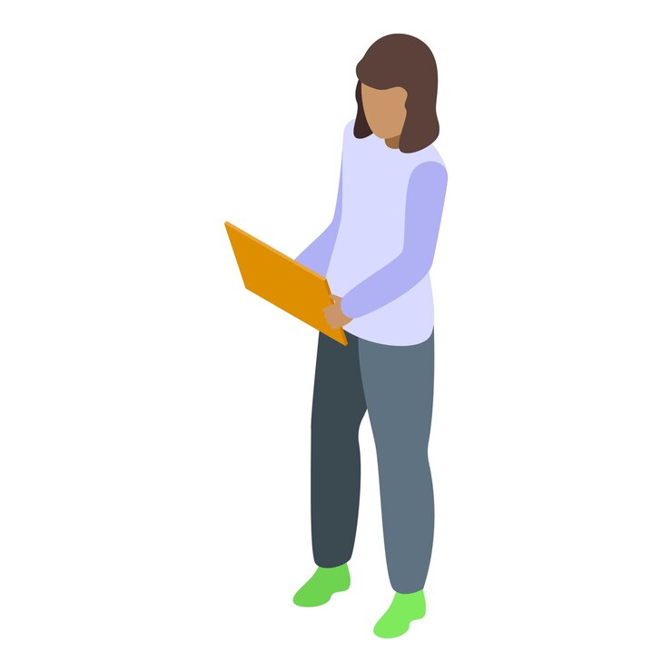 Vector young woman standing and holding a laptop isometric icon