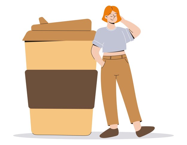 Young woman standing next to a huge paper glass of coffee or tea Young beautiful girl coffee lover Vector isolated flat illustration