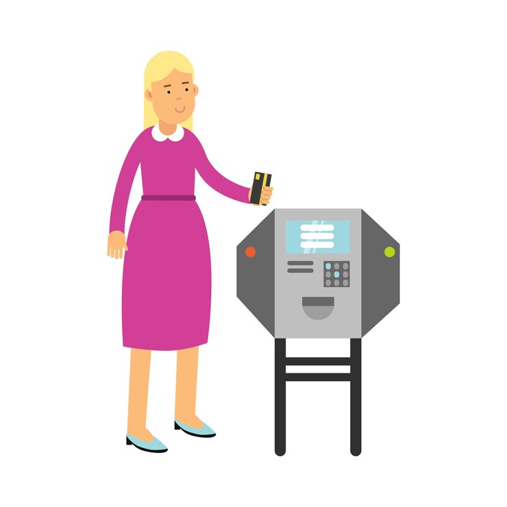 Vector young woman standing near atm holding debit card vector illustration