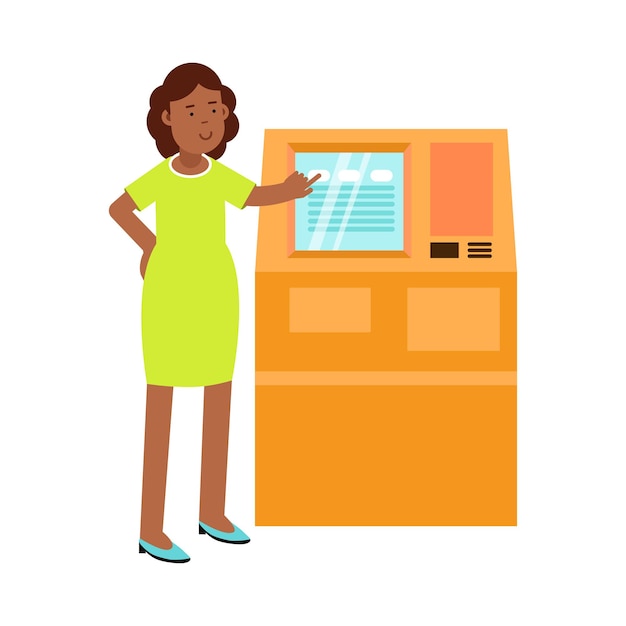 Vector young woman standing near atm tapping on the interface vector illustration