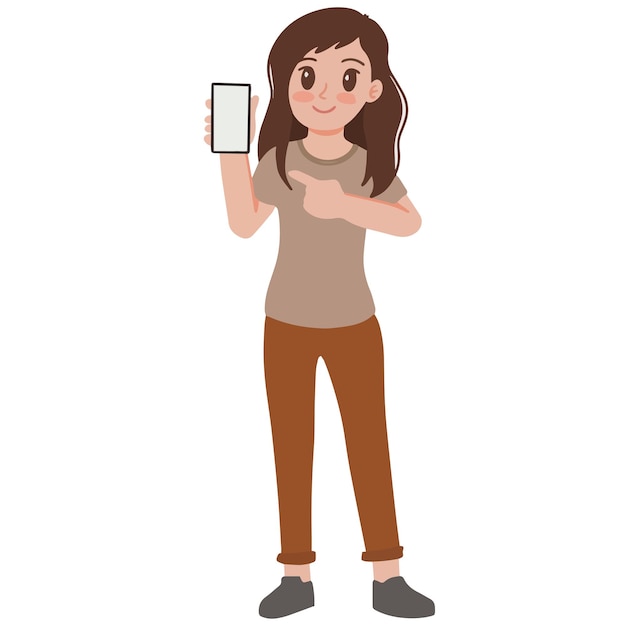 Молодая женщина, стоящая, указывая на векторную иллюстрацию мобильного телефона