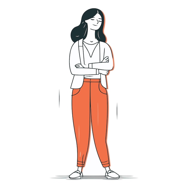 Young woman standing with crossed arms in line art style