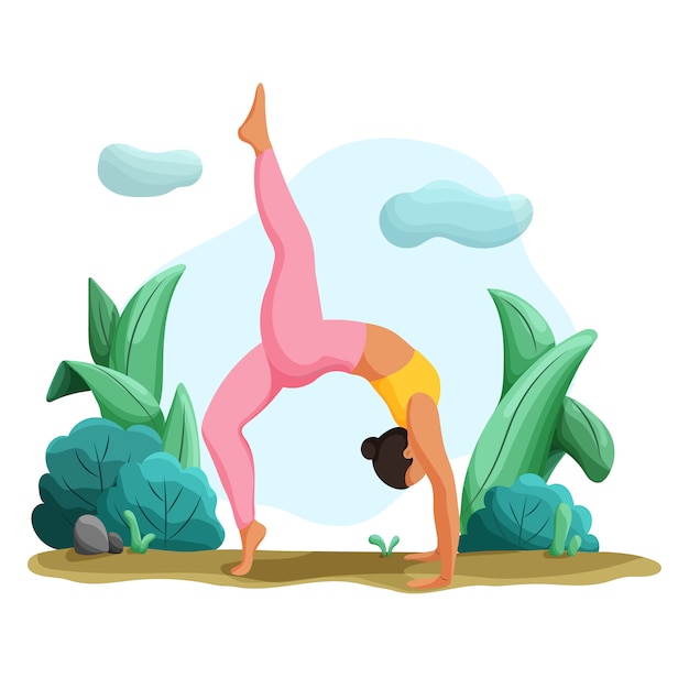 Vector young woman standing in yoga position,  surrounded by plants. three-legged dog or eka pada adho mukha svanasana.  illustration.