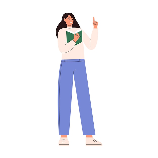 Young woman stands with a book and raised index finger up concept idea or knowledge