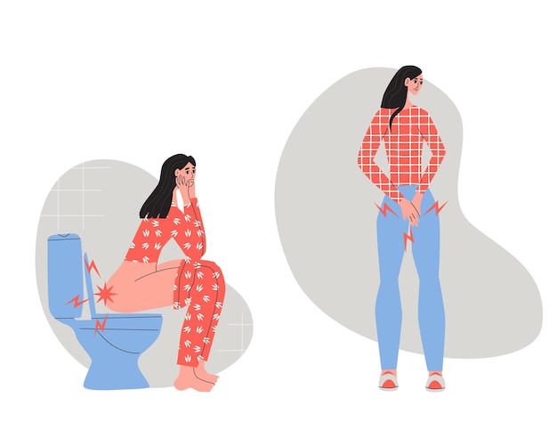 Vector young woman suffering from hemorrhoids also she sitting on toilet and feelling pain