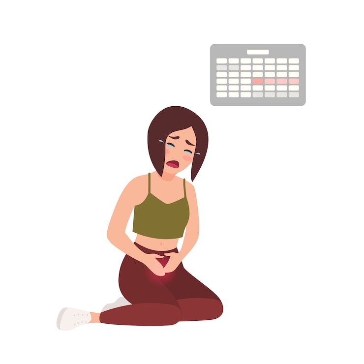 Vector young woman suffering from painful menstruation