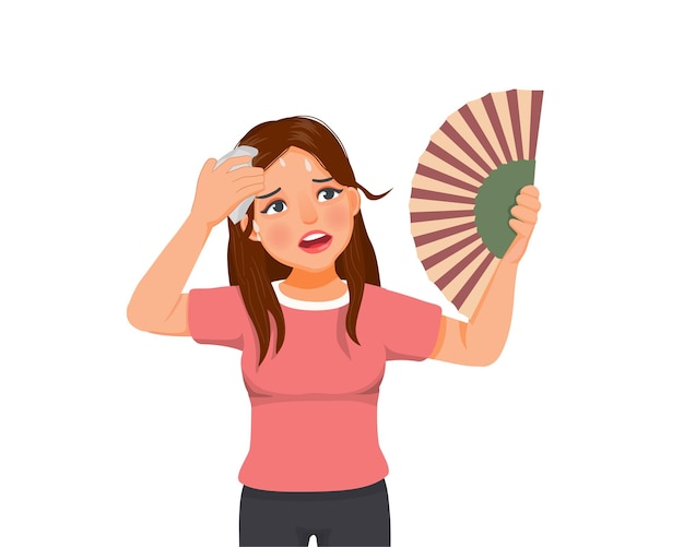 young woman suffering heat wave stroke in very hot weather using hand fan and tissue to dry sweat