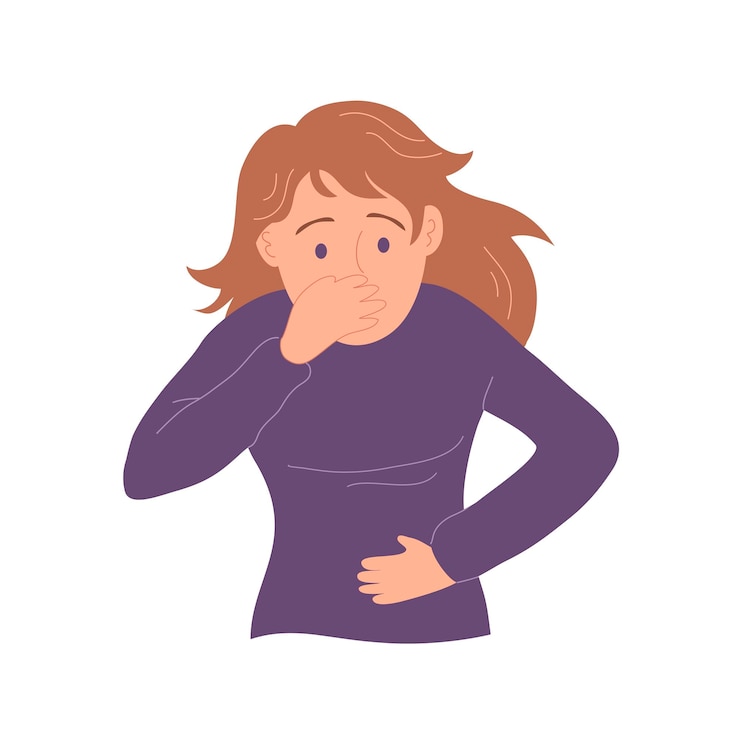 Vector a young woman suffers from nausea and abdominal pain