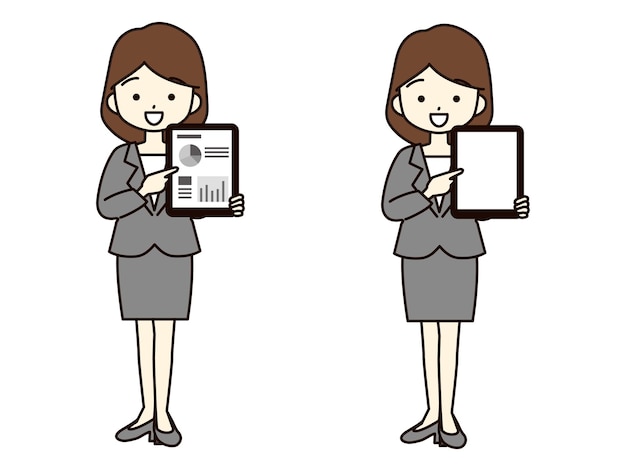 Young woman in a suit showing a tablet with a smileThere is copy space on the tablet screen