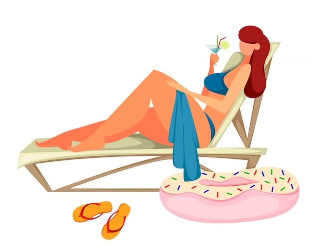 Vector young woman sunbathes on the beach