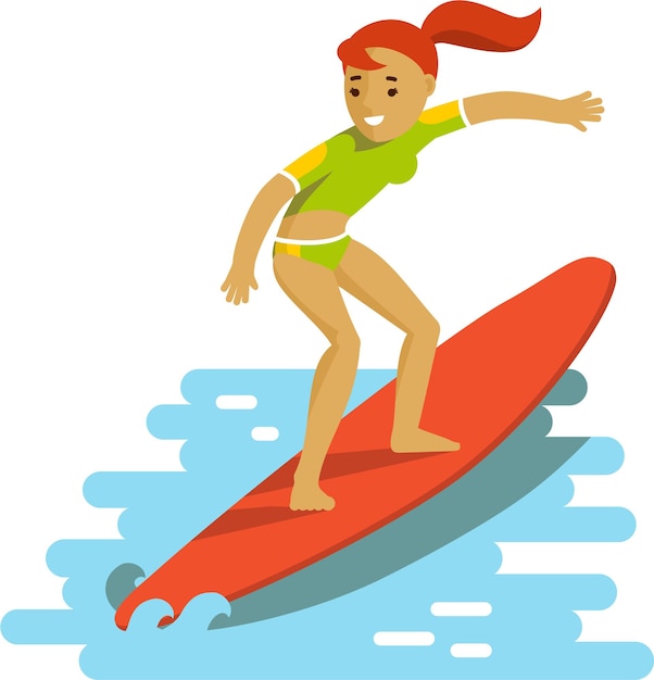 Young Woman Surfer on Surfboard in Flat Style