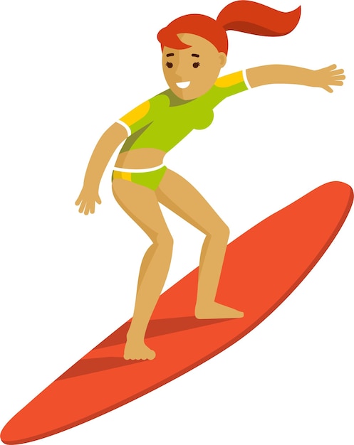 Молодая женщина-серфер на доске для серфинга в плоском стиле