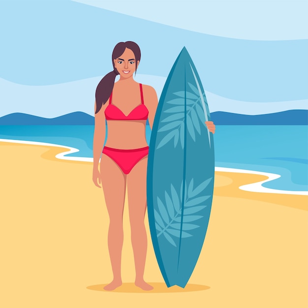 Young woman surfer with surfboard standing on the beach Smiling surfer girl Vector illustration