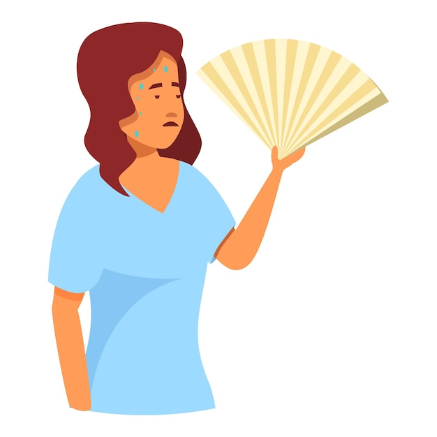 若い女性が汗をかき手の扇風機で熱く振っています