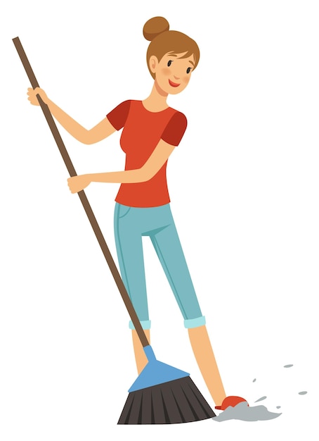 Young woman sweeping floor house dust cleaning