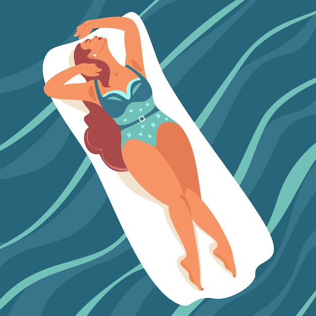 Vector young woman swimming on air mattresses have a fun time in the pool top view summertime poster